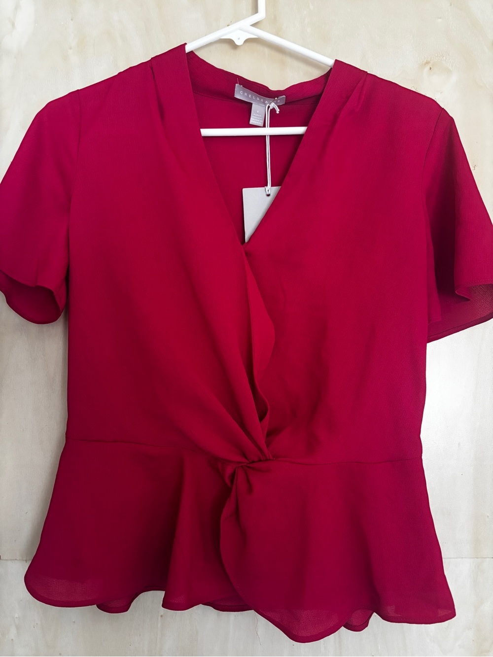 Chelsea28 Fuchsia Twist-Front Peplum Blouse
